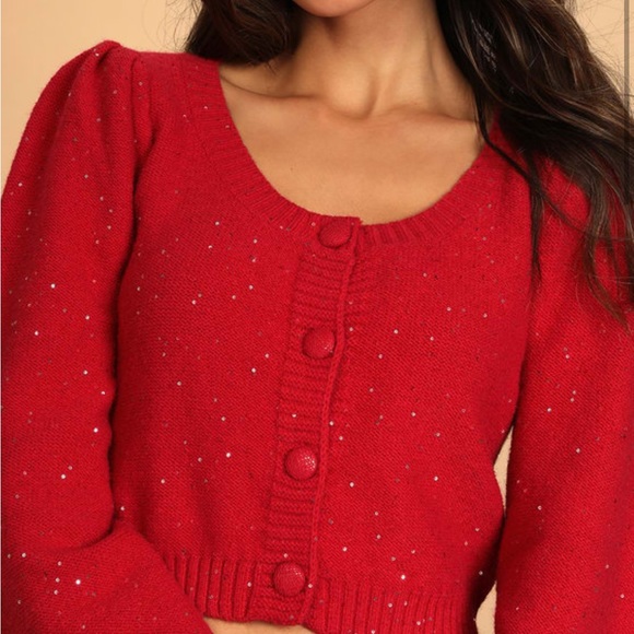 Lulus Red Sequin Cropped Cardigan Sweater - Picture 1 of 4